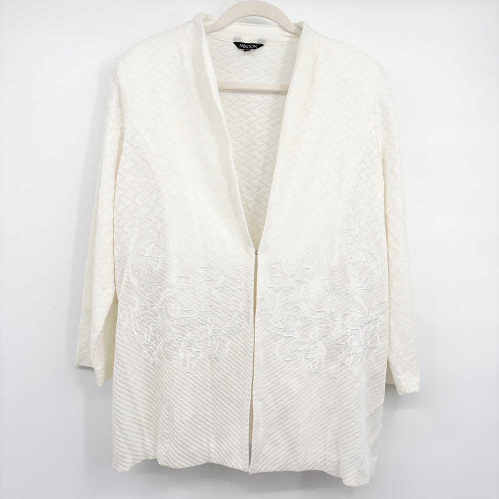 Misook Womens White Embroidered Textured Knit Elegant Tailored Sweater Jacket XL